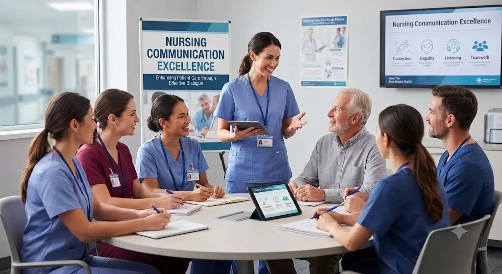 Professional e-learning image showing Nursing Communication Excellence and healthcare teamwork concepts