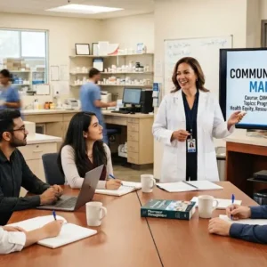 Professional e-learning image showing Community Healthcare Management and public health systems