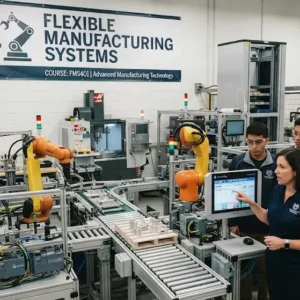 Modern e‑learning image showing Flexible Manufacturing Systems course visuals