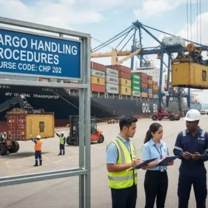 Modern educational image for Cargo Handling Procedures course with cargo logistics and handling visuals