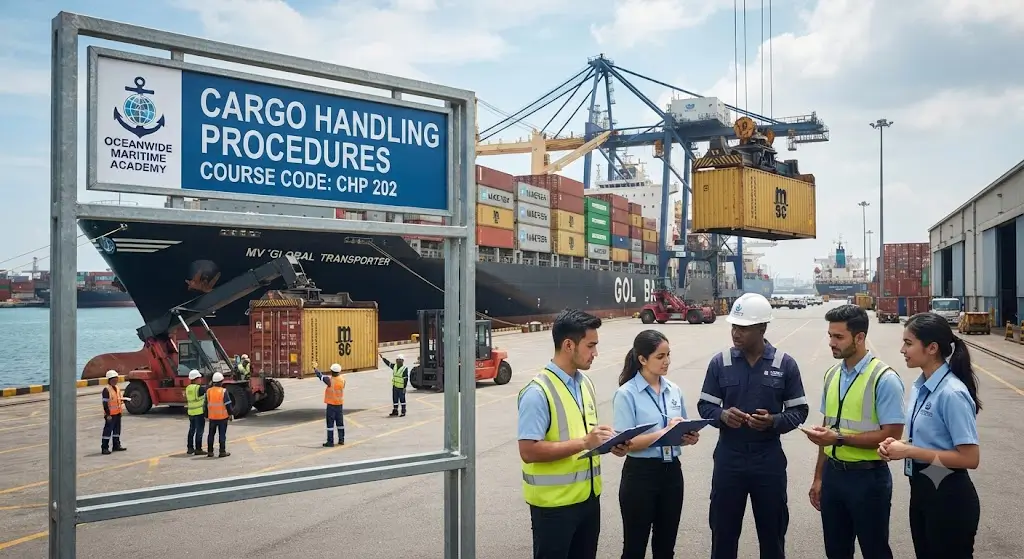 Modern educational image for Cargo Handling Procedures course with cargo logistics and handling visuals