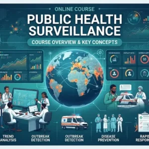 Modern educational image for Public Health Surveillance course with epidemiological monitoring and data tracking visuals
