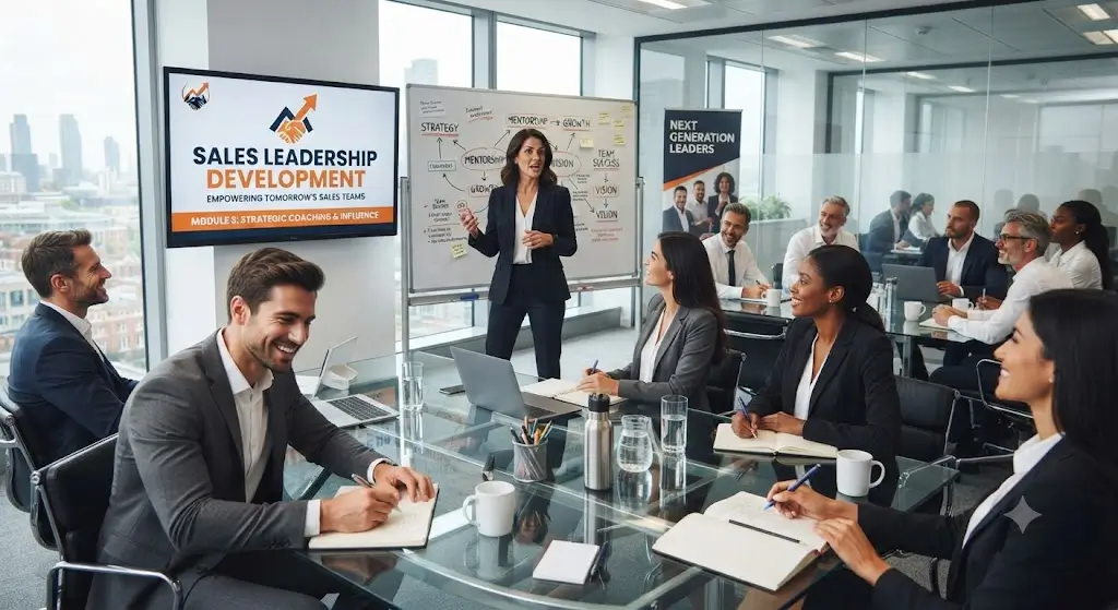 High-quality educational course image for Sales Leadership Development with leadership and coaching visuals.