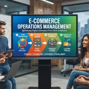 High-quality educational course image for E-Commerce Operations Management with online retail and logistics visuals.