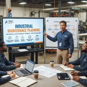 High-quality educational course image for Industrial Maintenance Planning with maintenance schedules and asset management visuals.