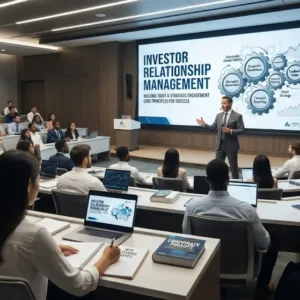 Modern educational image for Investor Relationship Management course with investor communication and trust-building visuals
