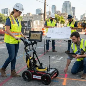 Implementation and practice course image showing subsurface utility engineering with GPR detection visuals