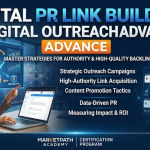 Advanced digital PR link building and outreach course image with SEO and communication visuals