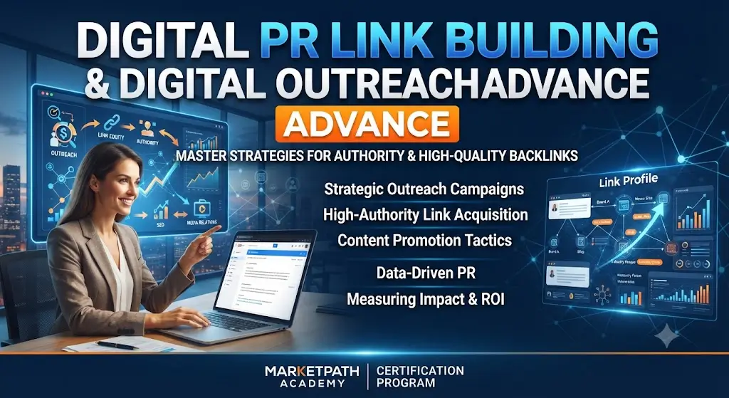 Advanced digital PR link building and outreach course image with SEO and communication visuals