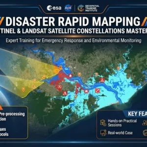 Masterclass course image showing disaster rapid mapping with Sentinel and Landsat satellites