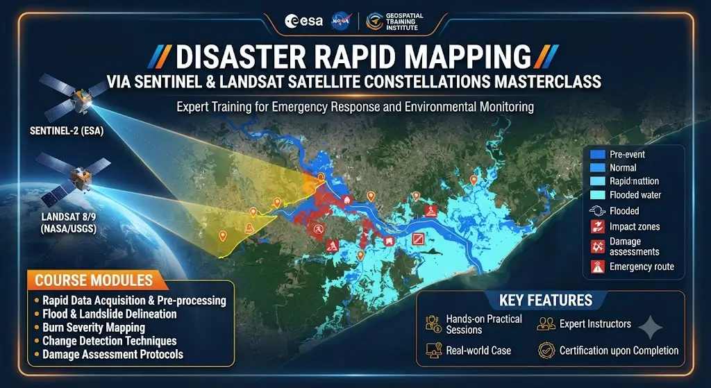 Masterclass course image showing disaster rapid mapping with Sentinel and Landsat satellites