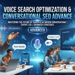 Advanced voice search optimization and conversational SEO course image with digital marketing visuals