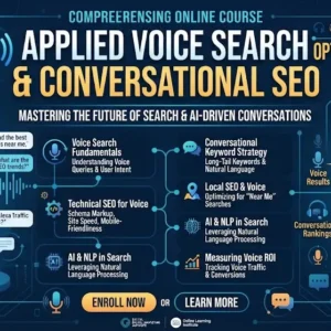 Applied voice search optimization and conversational SEO course image with digital marketing visuals