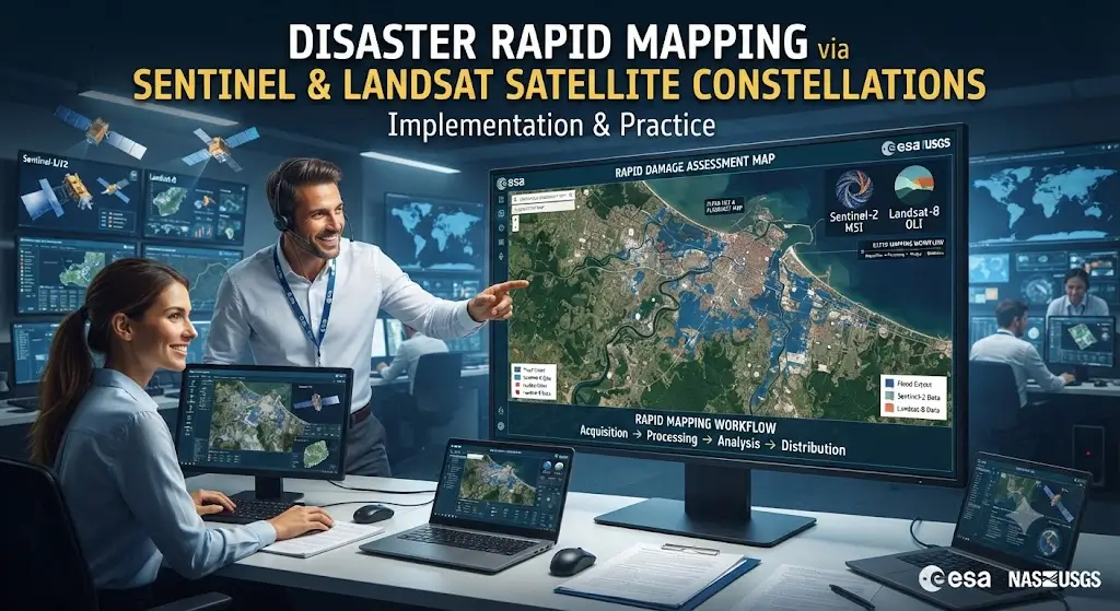 Implementation and practice course image showing disaster rapid mapping with Sentinel and Landsat satellites