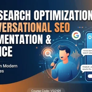 Implementation and practice course image with voice search and conversational SEO visuals