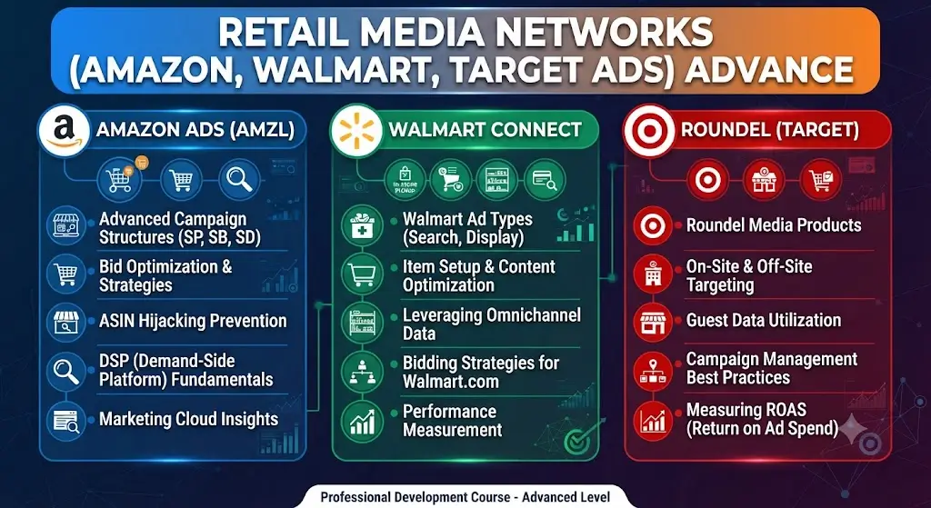 Advanced retail media networks course image with Amazon, Walmart, and Target ads visuals