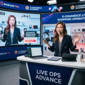 Advanced e-commerce live stream shopping operations course image with interactive shopping visuals