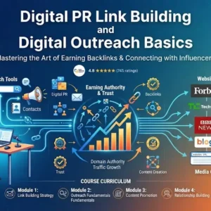 Digital PR link building basics course image with outreach and SEO visuals