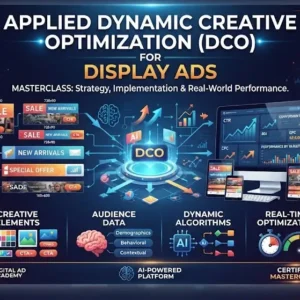 Applied Dynamic Creative Optimization (DCO) course image with display ads and analytics visuals