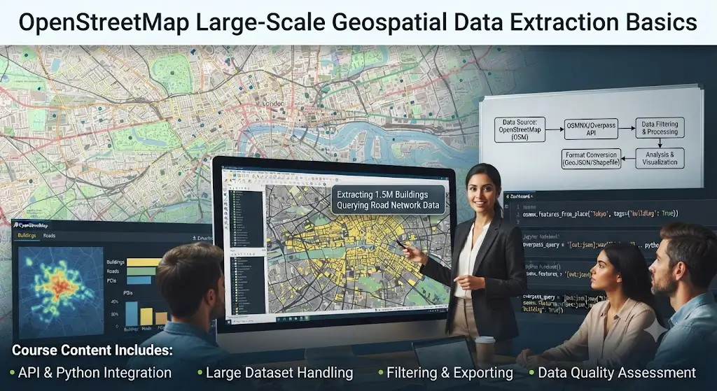Basics course image showing OpenStreetMap geospatial data extraction visuals