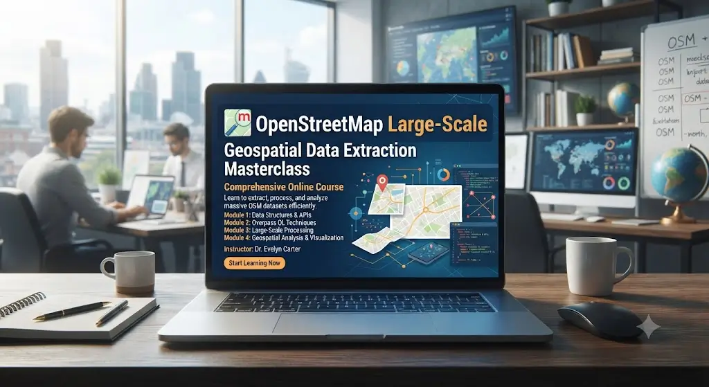 Masterclass course image showing advanced OpenStreetMap geospatial data extraction visuals