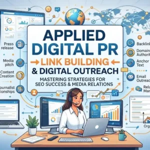 Applied digital PR link building and outreach course image with SEO and communication visuals