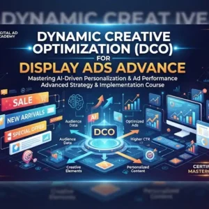 Dynamic Creative Optimization (DCO) advanced course image with display ads and analytics visuals
