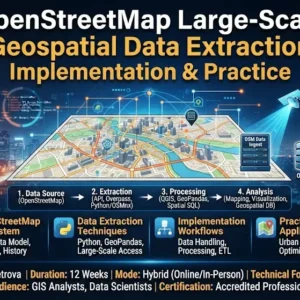 Implementation and practice course image showing OpenStreetMap geospatial data extraction visuals