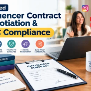 Educational banner for Applied Influencer Contract Negotiation & FTC Compliance course with legal and influencer visuals