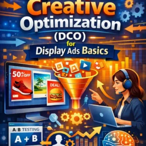 Dynamic Creative Optimization (DCO) course image showing display ads and analytics visuals