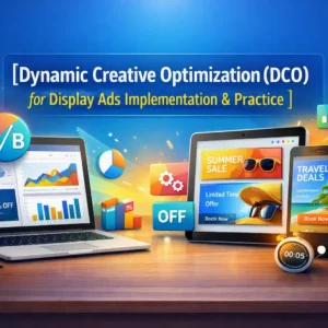 Educational banner for Dynamic Creative Optimization (DCO) course with display ads visuals