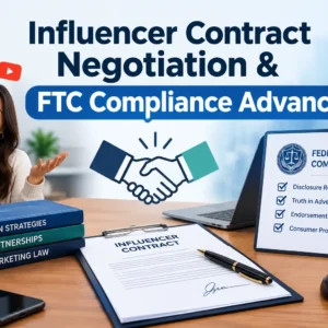 Educational banner for Influencer Contract Negotiation & FTC Compliance Advance course with legal and influencer visuals