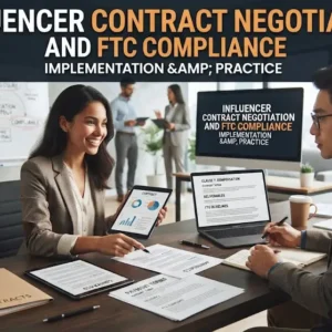 Influencer contract negotiation and FTC compliance course image with legal and marketing visuals