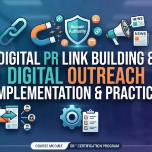 Implementation and practice course image with digital PR link building and outreach visuals