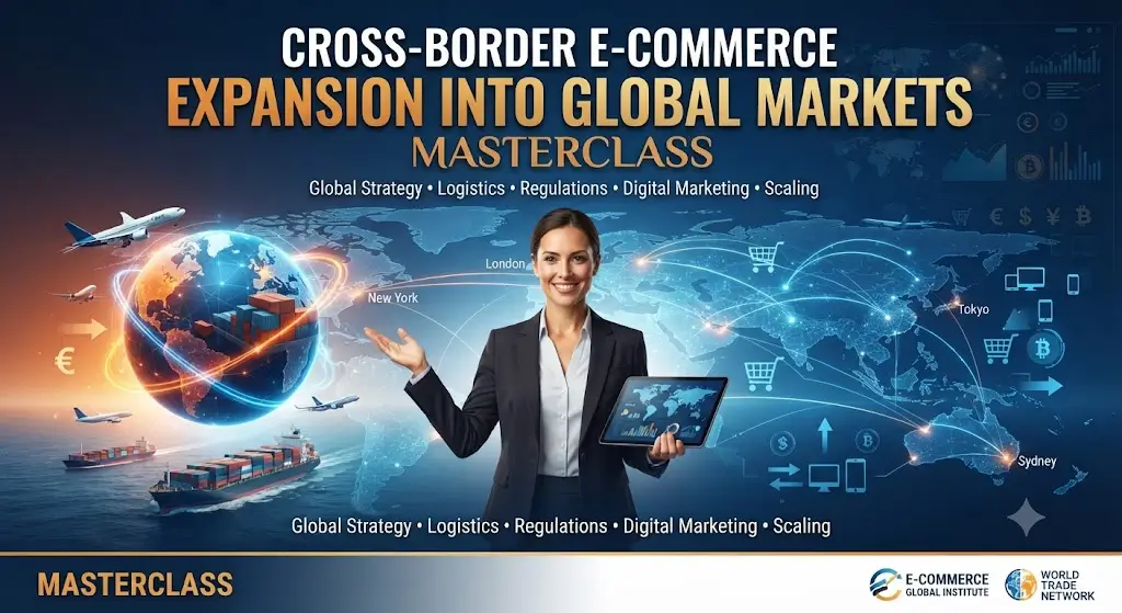 Cross-border e-commerce masterclass course image with global trade and digital visuals