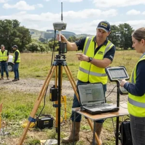 Implementation and practice course image showing GNSS RTK base station setup visuals