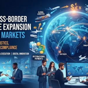 Applied cross-border e-commerce expansion course image with global trade and digital visuals